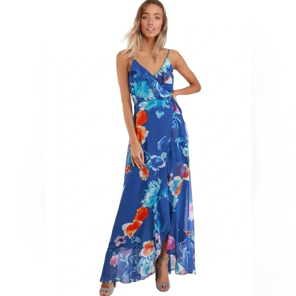 Lulus | Ladean Royal Blue Floral Print Ruffled Maxi Dress, S - Picture 1 of 6